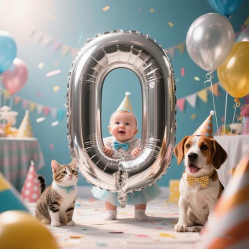 Image of 0 Balloon 40 inch Silver Number Balloons for 10th Birthday Party Decoration | Saturated Color, Large 40 in, With Straw & Hanging Hole, For Graduation Season, Thanksgiving, Anniversary, Christmas
