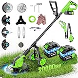 20000 RPM Cordless Weed Wacker with Wheels, 12-Inch Battery Powered Stringless Weed Eater, 6000mAh Batteries, Brushless Motor, 90° Adjustable Head, Handle, Lightweight Powerful Grass Trimmer Edger