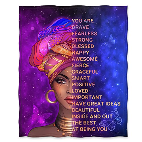 Jekeno African American Black Girl Lady Blanket Birthday for Women Kids Inspiring Positive Quotes Purple Presents Home Bedroom Decor Soft Cozy Plush Throw Blankets Colorful 50"x60"
