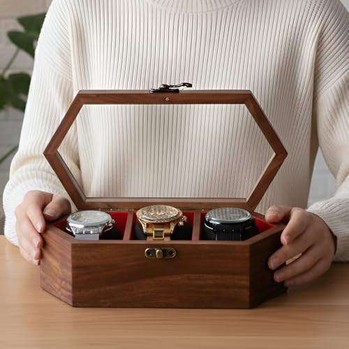 Image of Vintage Wooden Watch Box for Men, Timepiece Storage & Organizer, Display Case, Jewelry Box for Women, Gift for Husband (3 Grooves Hex (Rosewood))