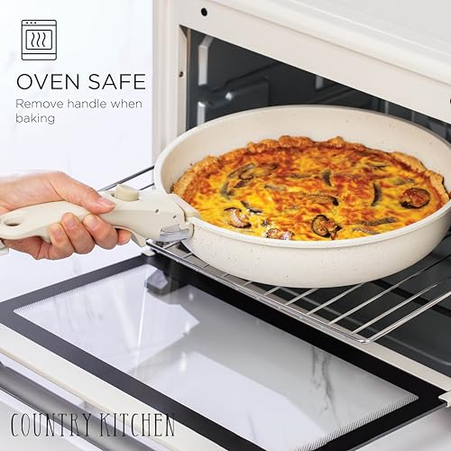 Image of Country Kitchen Cookware Set with Removable Handle, Oven & RV Safe Pots and Pans Set, Cream, Deluxe Larger Set