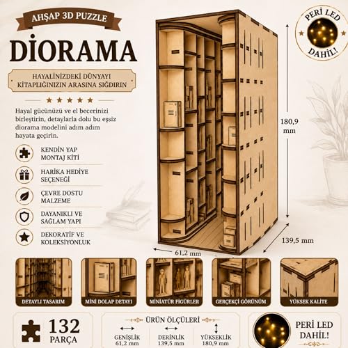 AlgWoodDesign Kütüphane Book Nook Ahşap Maket, 132 Parça Dıy Minyatür Kütüphane Dioraması, Peri LED Dahil, Mdf 3D Puzzle, Kitaplık Dekorasyon Seti, 13,95 x 6,12 x 18,09 cm