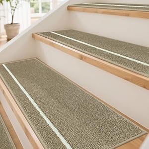 JSEI Stair Treads for Wooden Steps Indoor with Glow in The Dark Stripe, 4 Pack 9" X 28" Non-Slip Washable Carpet Stair Mats with TPE Backing, Polyester Stair Rugs for Kids Elders & Pets, Bei