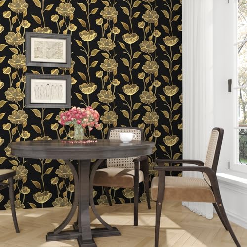Peel and Stick Wallpaper Black and Gold Floral Contact Paper 17.5in x 32.8ft Vintage Leaf Wallpaper Removable Self Adhesive Vinyl Wall Boho Mural Wall Paper for Bathroom Cabinets Drawer Bedroom