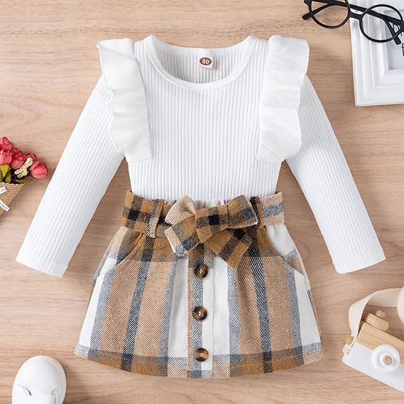 Baby Girl Skirt Outfit Long Sleeve Ruffle Shirt Top Mini Skirt Set Knitted Cotton 2Pcs - Image 7