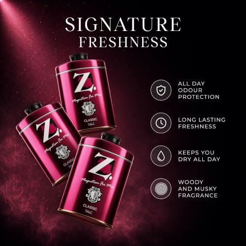 Image of Z Magnetism Classic Deodorizing Talcum Powder for Men (200g) | Signature Woody & Musky Fragrance | Fights Body Odor & Ensures Long Lasting Freshness | Suitable for All Skin Types 200x3 (Pack of 3)