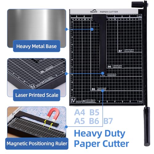Image of ISDIR 12 inch Heavy Duty Metal Paper Cutter - 15 Sheet High Capacity Guillotine Trimmer with Blade Safety Lock & Magnetic Guide, Professional Craft Cutter for Cardstock, Photos, DIY & Office