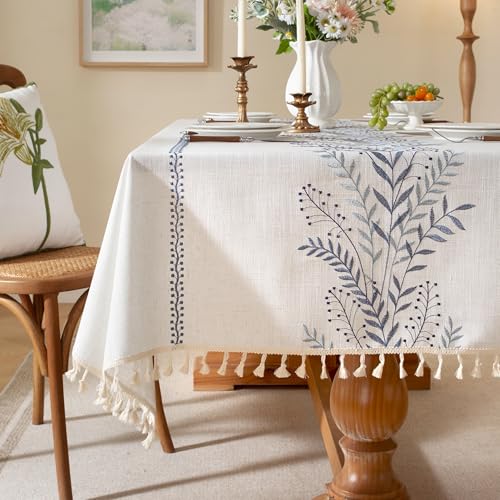 Laolitou Blue Fern Embroidered Rectangle Tablecloth with Tassels 55"×120"