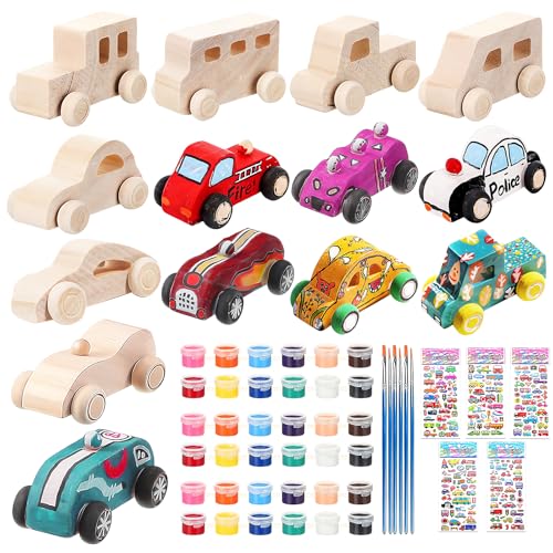 WOWOSS 14 Pcs Wooden Cars to Paint, Unfinished Wooden Craft Painting Toys for Students, Race Car...