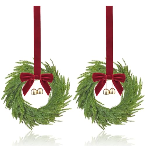 Edussy 2 pcs 12 inch Small Christmas Wreath, Mini Wreaths for Cabinets with Red Bows and Bells,Artificial Small Window Wreaths Indoor for Christmas Kitchen,Stairs Railing and Chairs Decor
