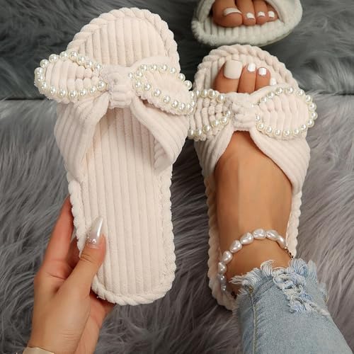 Women Pearl Embellished House Slipper Kink Bow Textured Indoors Slide Lightweight Flat Sandal Casual Shoe2