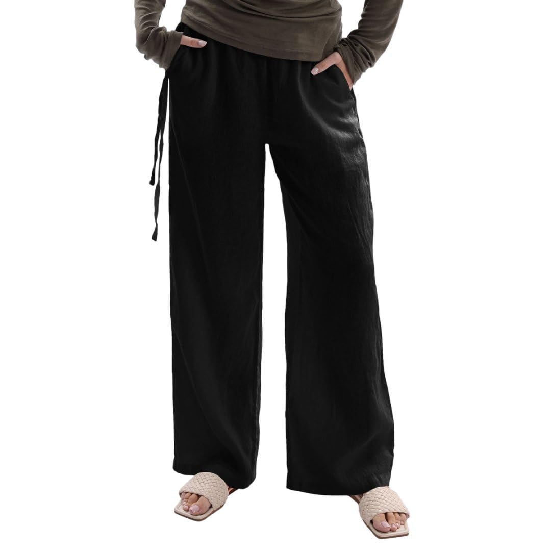 Amazhiyu Womens 100 Linen Pants Summer Casual Wide-Leg Lounge Palazzo Pockets