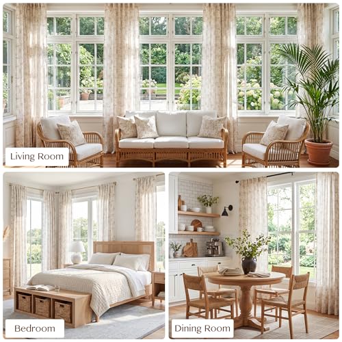 Image of THREE GIRLS Floral Linen Curtains Light Filtering Vintage Farmhouse, Back Tab Rod Pocket Cottage Core Magnolia Print Drapes for Living Room Bedroom Dining Room, Beige on Beige, 95 Inches, 2 Panels