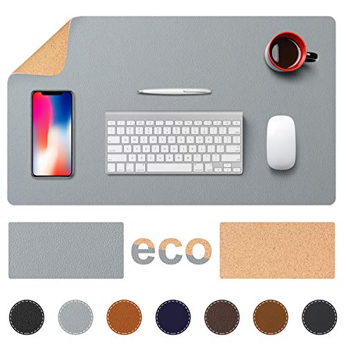 TESOBI Large Gray Natural Cork & Leather Desk Pad, Double-Sided Desk Protector, Smooth Surface Mouse Pad, Waterproof Desk Blotter for Office/Home/Gaming (24