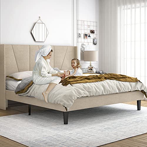 Hoomic King Size Platform Bed Frame With Geometric Wingback Headboard, Wooden Slats Support, No Box Spring Needed, Modern Style In Beige #TOP2