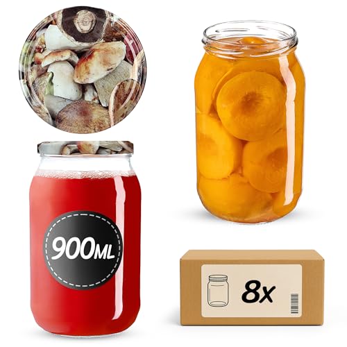 KADAX Lot de 8 bocaux en verre à insérer, 900 ml, utilisables comme pots à confiture, à provision, à conserve, aux champignons