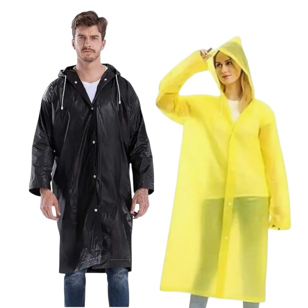 Natani Traders Reusable Hooded Raincoat with Drawstring Hood, Button Closure, for Men and Women, Black and Yellow, 47 Inch Length (Pack of 2)-image-7