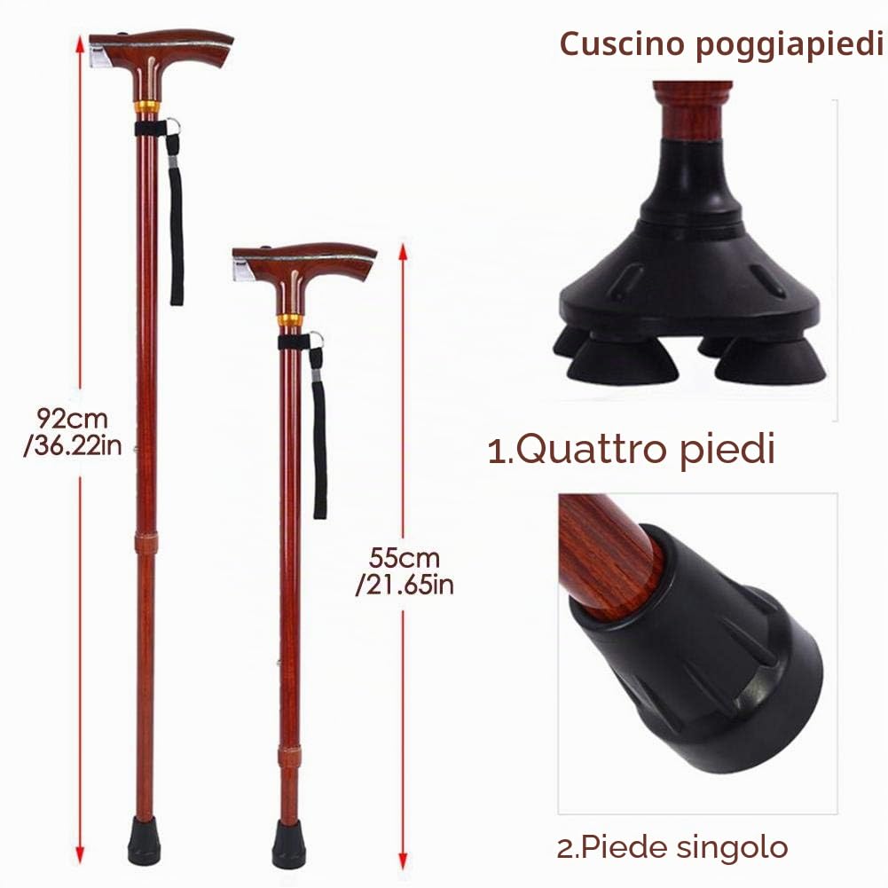 Bastone da passeggio, retrattile, multifunzione, con luce, per anziani, antiscivolo, quadripode, leggero, batterie non incluse b