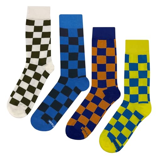 Checker #2 Dress Socks 4 Pack Funny Novelty Crazy Fun Design Men Size 8-12 Cotton Casual Crew Colorful Funky Fancy Socks Gift for Men