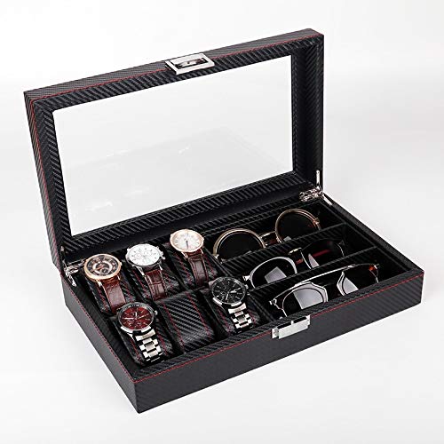 KIVDFIGC 6 Black Leather Red Sew Watch Box Jewelry Case+ 3 Eyeglasses Storage and Sunglass Glasses Window Display Case Organizer Workshop