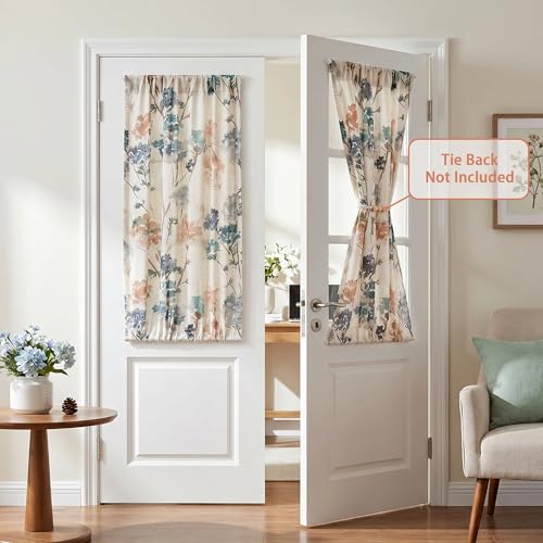 Image of MYSKY HOME Floral Linen French Door Curtains 40 inch Long 2 Panels for Front Door Light Filtering Privacy Semi Sheer Window Curtains with Rod Pocket, Brown, 24 inch W Each Panel