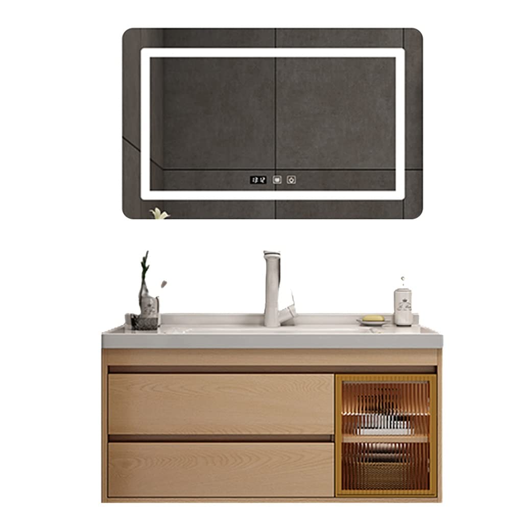 OTQEFTN Bathroom Furniture Set of 3, Wall Mounted Vanity Storage Cabinet with 2 Drawer & Shelf, Floating Sink Pedestal Cabinet, Toilet LED Mirror for Makeup Shaving