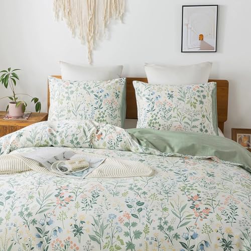 Image of VM VOUGEMARKET Twin Duvet Cover Set 3 Pieces Sage Green Botanical Flower Duvet Cover with 2 Pillowcases Cottagecore Bedding Set 100% Cotton White Green Comforter Cover Without Filling