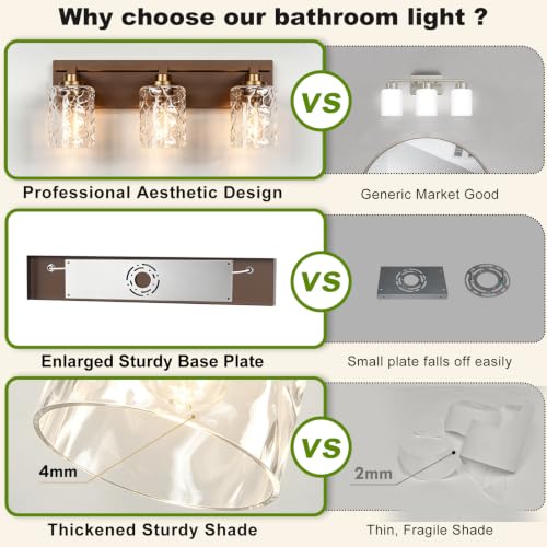 Image of Bathroom Light Fixtures,3-Light Oil Rubbed Bronze Vanity Lights Over Mirror | Modern Wall Light,Clear Ripple Glass Shade,Sturdy Metal Frame,For Bathroom Remodel,Easy Install,E26 Socket,ETL-Listed 20-inch