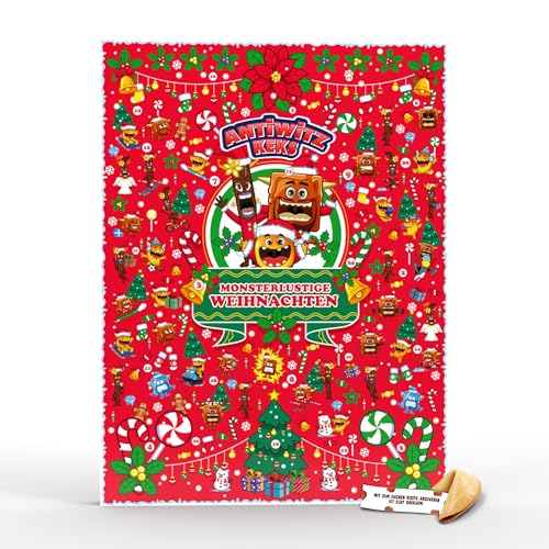 XXL Adventskalender 2025 mit 24 Glückskeksen & flachen Witzen - Karamell-, Vanille-, und Mango-Geschmack - Glückskekse, einzeln verpackt - Lustiger Weihnachtskalender für Kinder, Erwachsene & Familien