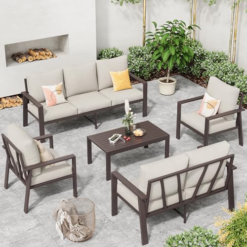 Image of 5-Piece Aluminum Patio Conversation Sets All-Weather Outdoor Furniture Sectional Sofa Modular Patio Set with 4'' Cushion Removable Covers for Porch Poolside Deck Balcony Yard