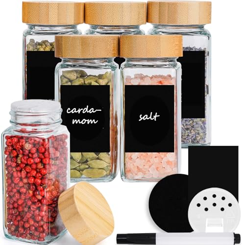 Happy Lemuro Tarros de especias rectangulares de 120 ml [juego de 6] tarros de especias con inserto para esparcir, tapas de bambú, etiquetas en negro, juego de recipientes para especias, especias,