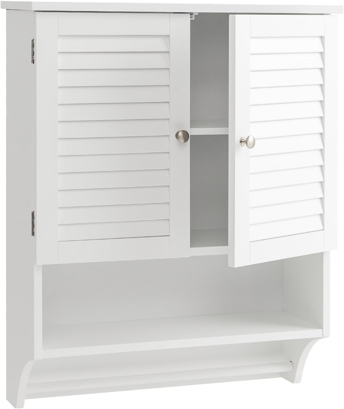 LOKO Bathroom Medicine Cabinet, Storage Cabinet with Double Louvered Doors, Wall Mounted Cabinet with Open Shelf & Towel Bar, Over The Toilet Space Saver Cabinet for Living Room Kitchen (White)