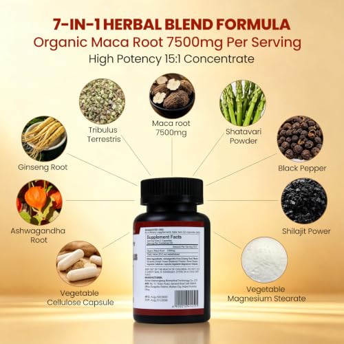 Image of Maca Plus Capsules, Organic Maca Root 7500mg, Vegan, 60 Ct | With Ashwagandha, Ginseng & Tribulus, Supports Energy, Mood & Curve for Women