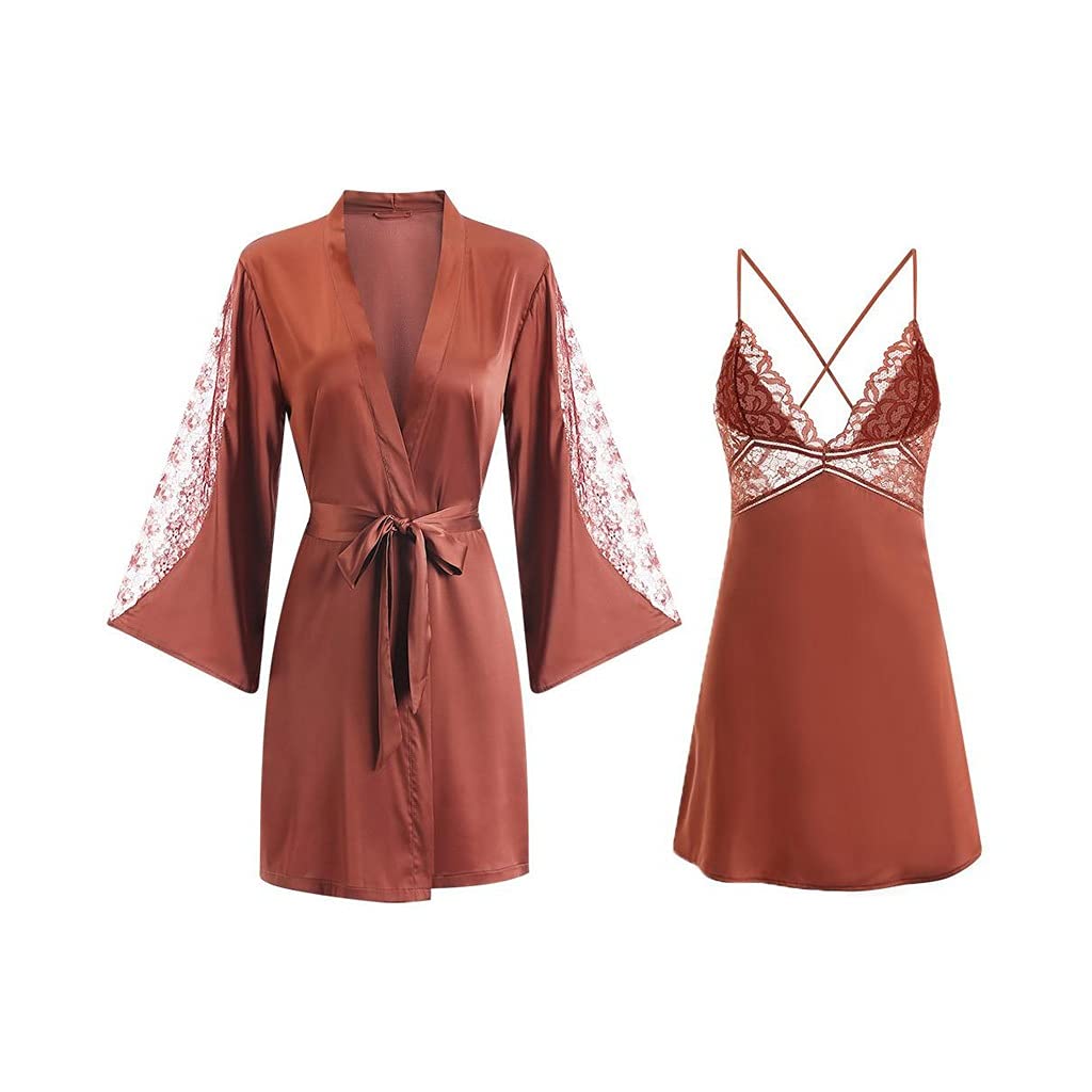Bielizna nocna damska satynowa kimono szlafrok szlafrok intymna jedwabny komplet do spania koszula nocna koronkowa bielizna nocna peniuar, Roze-L, Roze-L (karmelowy X)