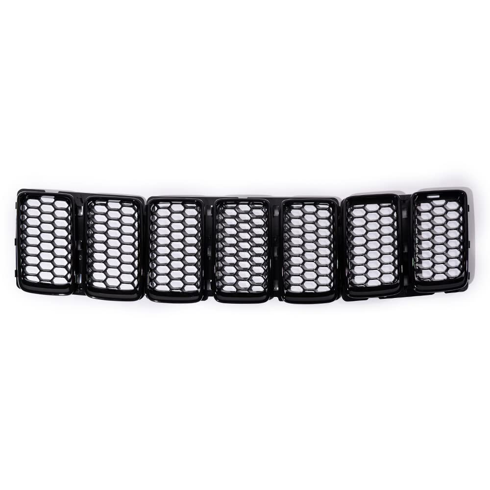 Glossy Black Front Grille + Matte Black Honeycomb Insert Grill Compatible with 2014-2016 Jeep Grand Cherokee