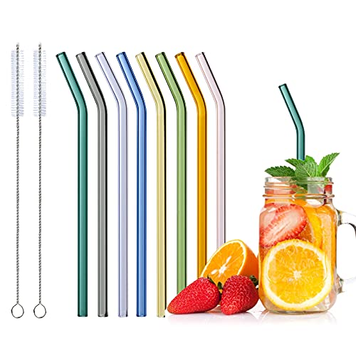 Pajitas de cristal reutilizables, 8 pajitas de cristal de colores, pajitas de cristal curvadas para vasos de cócteles, smoothies y zumos, pajitas de cristal, aptas para lavavajillas