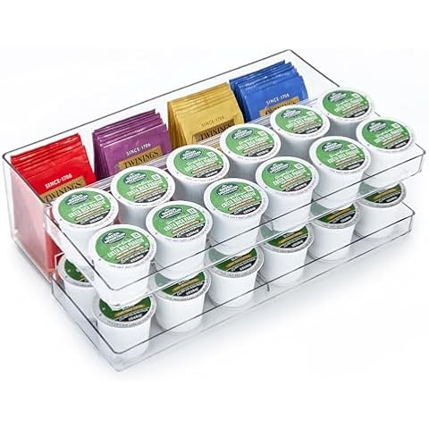 Elechomes Coffee Bar Organizer Station Accessories PET Tea Bag Organizer and Storage - Large Capacity with Removable Dividers for Countertop Farmhouse Kcup Coffee Pod Holder Basket Coffee Lover Cover