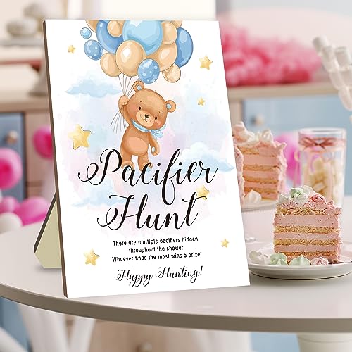 Image of Bear Baby Shower Pacifier Hunt Games, Games for Baby Shower, Baby Pacifier Hunt Game Set, 50 Pcs Blue Mini Acrylic Pacifiers with Baby Shower Pacifier Hunt Sign Board Baby Sets