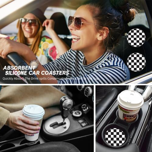 Miniatura 6 de Paquete de 2 posavasos a cuadros para automóvil, portavasos de automóvil de 2.75 pulgadas, tapete universal de goma antideslizante para bebidas