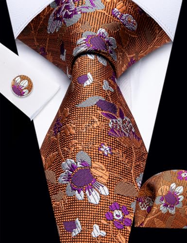 Image of YourTies Silk Paisley Floral Tie and Pocket Square Cufflinks with Lapel Pin Sets for Men 5PC Wedding Party