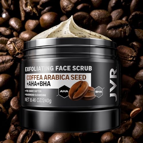 Image of JVR Face Scrub for Men, Facial Scrub for Deep Exfoliating, Cleansing Blackheads, Ingrown Hair, Pre-shave Soften, Organic Formulated with Coffee Extract, AHA and BHA Face Exfoliator (8.46 oz)