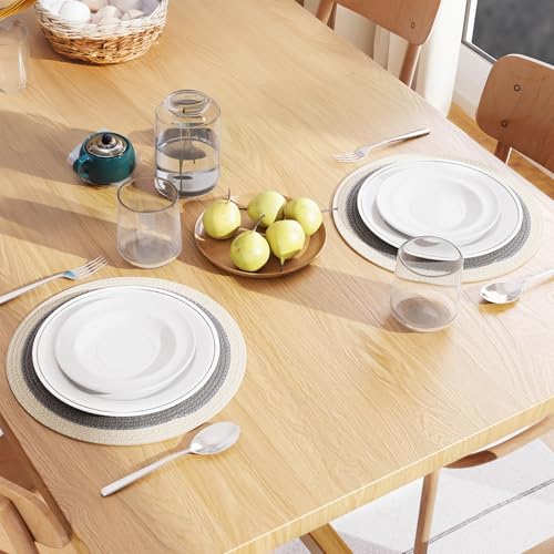 Image of Dining Table Mats Set of 2 | Cotton Table Mat 32 cm Diameter, Ecasa XO Washable Round Table Mats, Heat Resistance Dining Table Placemats, Handmade Ribbed Style for Centre Table, Light Grey & Off White