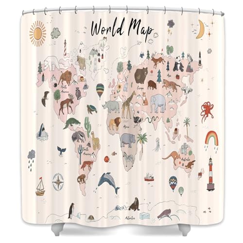 Image of World Map Shower Curtain for Kids, Cute Cartoon Animal Educational Learning Tool Restroom Curtains, Cute Cartoon Animal Educational Learning Tool Waterproof Fabric Bathroom Curtain Set with Hooks