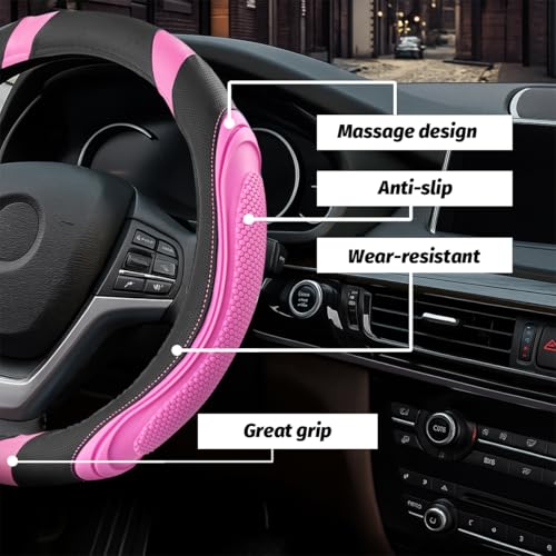 Image of Osilly 15 Inch Car Leather Steering Wheel Cover, Automotive Accessories Elastic Breathable Anti-Slip Soft Wheel Protector Fits Men and Women, Suitable for SUVs, Trucks, Vehicles and RVs (Pink)