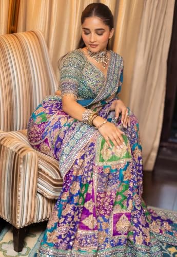 Image of Women's Blue Green Pink Multicolored Ajrak Digital Prined Real Mirror And Latkan Worked Saree With Blouse
