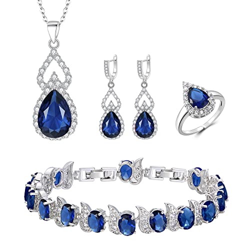 Mayfox Bridal Cubic Zirconia Open Ring Bracelet Necklace Dangle Earrings Set, Waterdrop Oval White Gold Plated Jewelry Gifts For Woman Girl Sapphire Blue_Silver Tone #TOP28