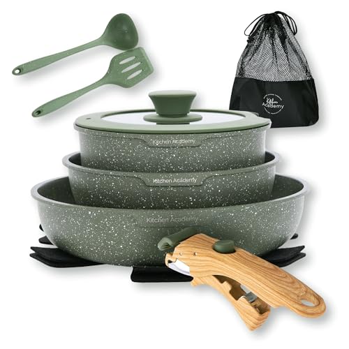 Comparison: Best Cookware For Rv Gas Stove 5 Kitchen Academy Removable Handle Pots and Pans Set - 10 Pieces Green Cookware Set with Removable Handle, RV Induction Cookware Set for Camp
