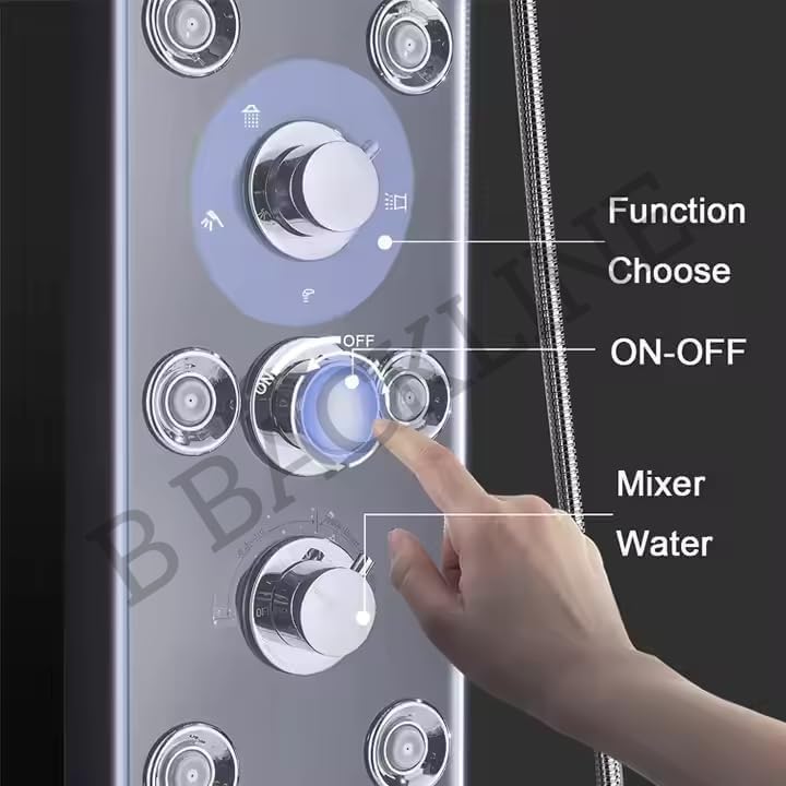 Image of B Backline Stainless Steel 304 Shower Panel 6-in-1 Thermostatic LED Rainfall Shower System - Hot & Cold Water | Handheld Shower | Body Massage Jets | Waterfall Spout Bathroom (Black)