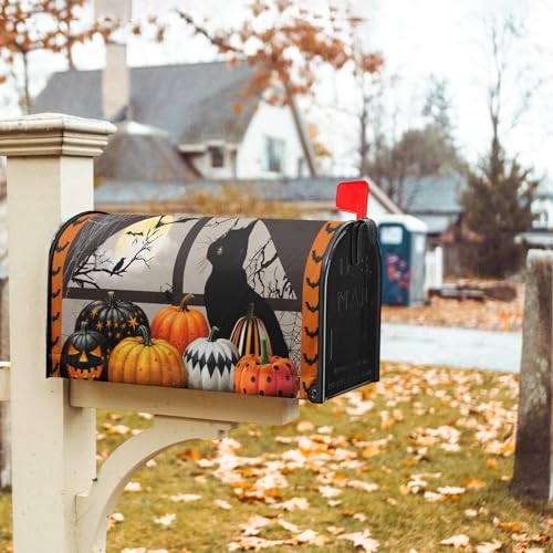 Image of Black Cat Halloween Mailbox Covers Magnetic Standard Size 21 inchx18 inch Fall Halloween Pumpkins Magnetic Mailbox Covers Halloween Mailbox Decorations Letter Post Box Cover Wrap Garden Yard Outdoor Decor