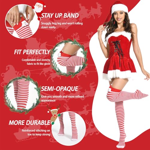 Christmas Thigh High Socks for Women Striped Over the Knee Sexy Stockings with Bows Pack of 24